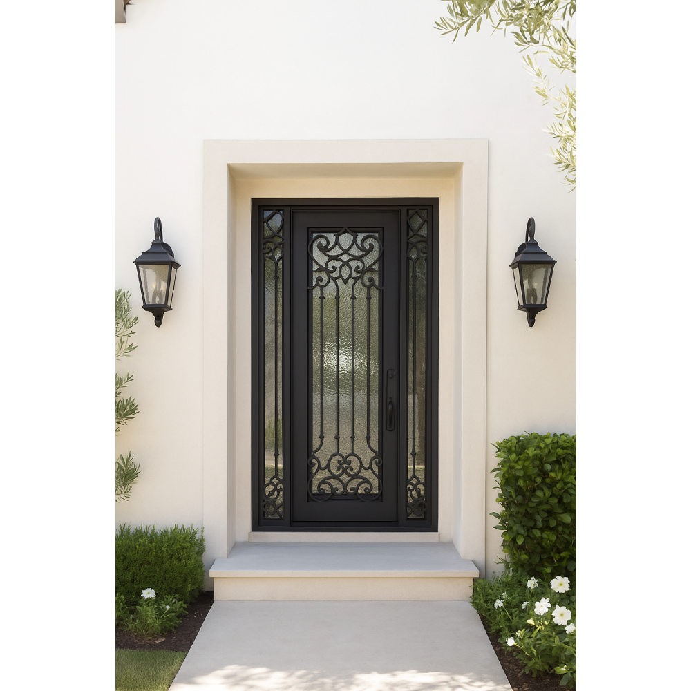 Carmen 5/9x8/0 Square Exterior Wrought Iron Prehung Double Door